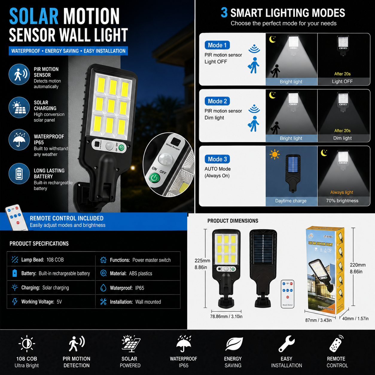 Solar Motion Sensor Wall Light – Waterproof Outdoor Security Light